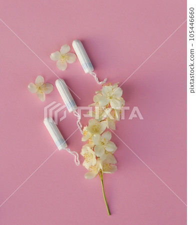 Women's and gynecological health care. Menstrual cycle. Hygiene care during critical days. Tampon woman Clean and safe Menstruation, means of protection. Women's and gynecological health care. Menstrual cycle. Hygiene care during critical days. Tampon woman Clean and safe Menstruation, means of protection. 105446660