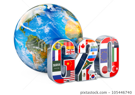 Summit G20 concept with Earth Globe, 3D rendering 105446740