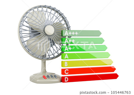 Table fan with energy efficiency chart. 3D rendering 105446763