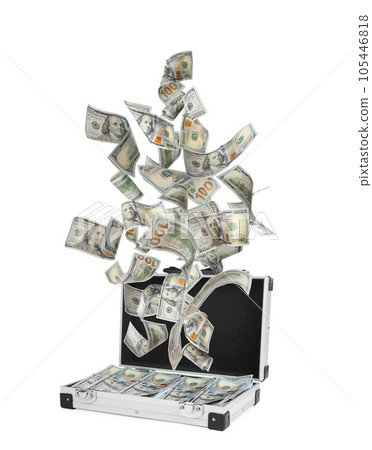 Metal case and American dollars on white background. Flying money Metal case and American dollars on white background. Flying money 105446818