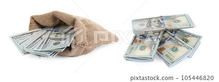 Sack and money on white background. American dollars Sack and money on white background. American dollars 105446820
