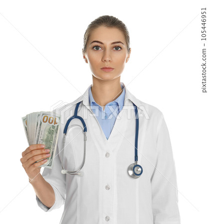Doctor with bribe on white background. Corruption in medicine Doctor with bribe on white background. Corruption in medicine 105446951