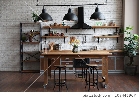 Beautiful kitchen interior with new stylish furniture 105446967