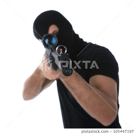 Professional killer with sniper rifle on white background Professional killer with sniper rifle on white background 105447197