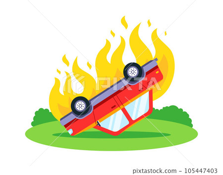 overturned burning car on the street. 105447403
