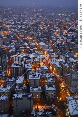 top view of Snowfall on buildings in istanbul city  top view of Snowfall on buildings in istanbul city  105447476