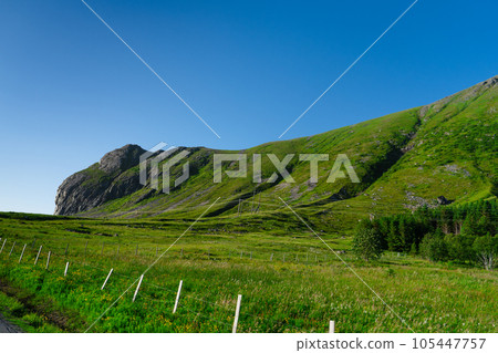 Lofoten island, Norway Summer Landscape Lofoten is known for a distinctive scenery of mountains, sea Lofoten island, Norway Summer Landscape Lofoten is known for a distinctive scenery of mountains, sea 105447757