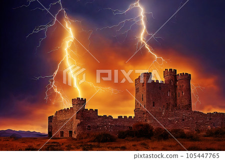Ancient abandoned castle in a field against a stormy sky. The castle was struck by lightning. AI-generated 105447765