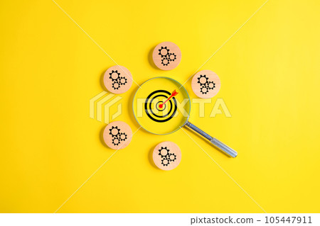 Target and setting icons with magnifying glass, Successful business target management, Creative business process development, Quality control assessment to achieve business goal 105447911