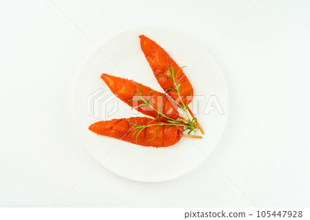 Fresh raw marinated chicken meat skewers iner fillet on a white background.Top view.Copy space.Chicken fillet inner skewers.Food concept.Chicken fillet inner skewers. 105447928