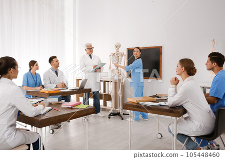 Medical students and professor studying human skeleton anatomy in classroom 105448460