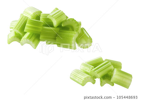 Pile of sliced fresh celery isolated on white background. 105448693