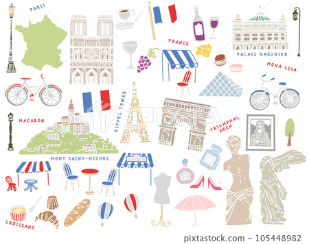 Line drawing illustration of Paris, France: hand drawing, art, Arc de Triomphe, Eiffel Tower, fashion, croissant 105448982
