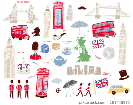 Line art illustration of London, England: hand drawing, art, Big Ben, London bus, bridge, Queen, tea 105448983