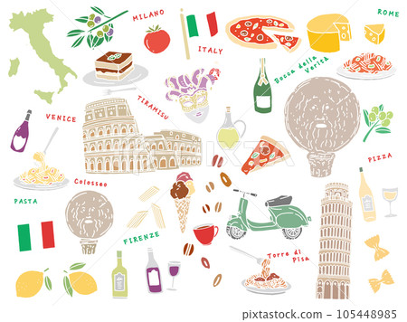 Line drawing illustrations of Rome, Italy: hand drawn, Leaning Tower of Pisa, Colosseum, pizza, pasta, cheese, gondola 105448985