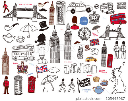 Line art illustration of London, England: hand drawing, art, Big Ben, London bus, bridge, Queen, tea 105448987