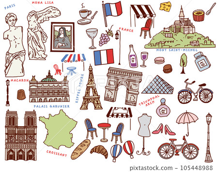 Line drawing illustration of Paris, France: hand drawing, art, Arc de Triomphe, Eiffel Tower, fashion, croissant 105448988