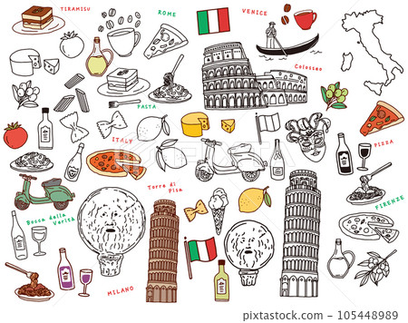 Line drawing illustrations of Rome, Italy: hand drawn, Leaning Tower of Pisa, Colosseum, pizza, pasta, cheese, gondola Line drawing illustrations of Rome, Italy: hand drawn, Leaning Tower of Pisa, Colosseum, pizza, pasta, cheese, gondola 105448989