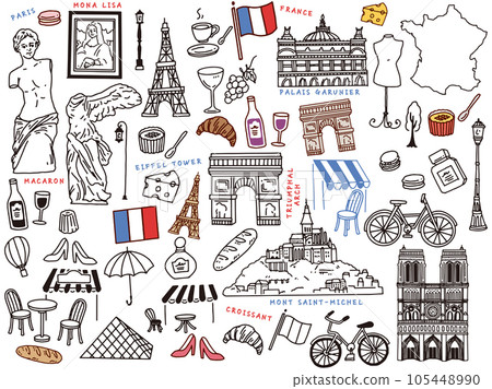 Line drawing illustration of Paris, France: hand drawing, art, Arc de Triomphe, Eiffel Tower, fashion, croissant 105448990