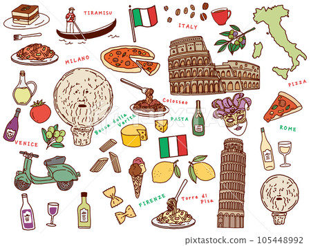 Line drawing illustrations of Rome, Italy: hand drawn, Leaning Tower of Pisa, Colosseum, pizza, pasta, cheese, gondola 105448992