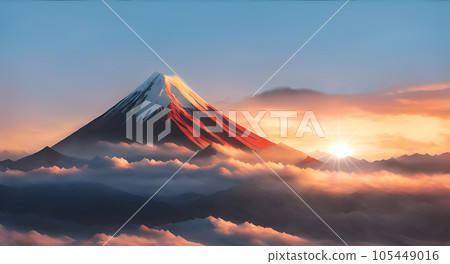 AI生成的圖像，燦爛的早晨陽光和白雪覆蓋的紅色富士山 105449016