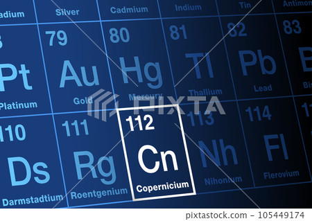 Copernicium on periodic table of the elements. Extremely radioactive, superheavy, synthetic transactinide element. Element symbol Cn and atomic number 112. Named after astronomer Nicolaus Copernicus. Copernicium on periodic table of the elements. Extremely radioactive, superheavy, synthetic transactinide element. Element symbol Cn and atomic number 112. Named after astronomer Nicolaus Copernicus. 105449174
