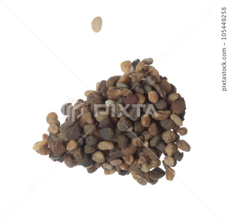 Fish Tank decorative Rock stone gravel fly explosion fall, brown stone rock explode abstract cloud fly, splash in air for ground floor. White background isolated high speed shutter freeze shot 105449258