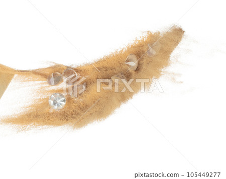 Diamond crystal fly splashing in mid air. Diamond precious stone explosion flying with sand powder dust under dry sun. White background isolated high speed shutter freeze motion Diamond crystal fly splashing in mid air. Diamond precious stone explosion flying with sand powder dust under dry sun. White background isolated high speed shutter freeze motion 105449277