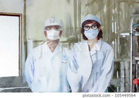 在工廠工作的白大褂員工（水彩插圖）生成人工智能 105449564
