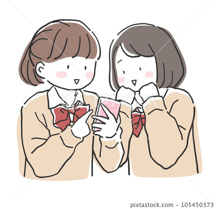 兩個高中女生看著智能手機的插圖素材 兩個高中女生看著智能手機的插圖素材 105450373