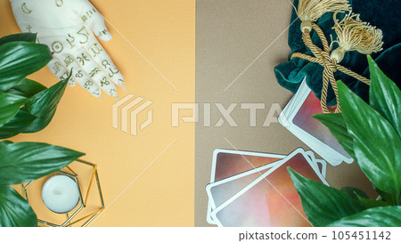 Concept of divination, magic and esotericism. Cards candle on cartomancy table. 105451142