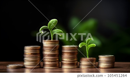 Plants growing on coins stack of money. Economic growth, save money, and financial investment Concept. Generative Ai. 105451264