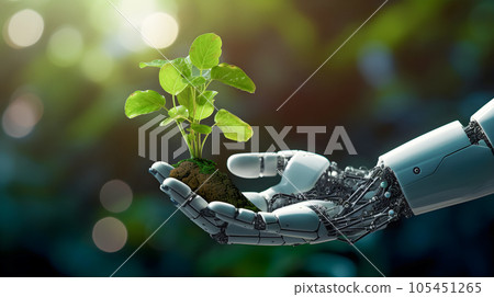 Robot hand holding a plant with soil. Ecology, Save the environment, save a clean planet. Technology science of environment concept for the development of sustainability. Generative Ai. Robot hand holding a plant with soil. Ecology, Save the environment, save a clean planet. Technology science of environment concept for the development of sustainability. Generative Ai. 105451265