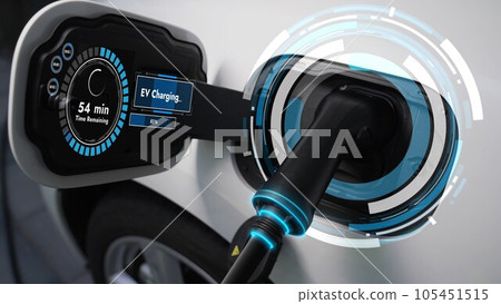 Future EV charger plugged into electric car for electric recharging. Peruse 105451515