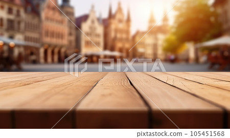 The empty wooden table top with blur background of town square. Exuberant. 105451568