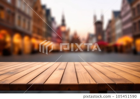 The empty wooden table top with blur background of town square. Exuberant. 105451590