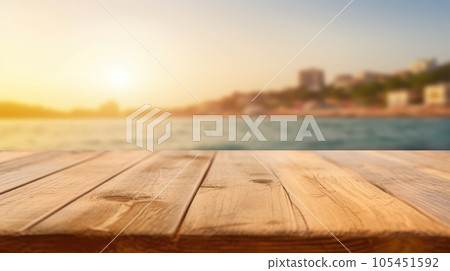 The empty wooden brown table top with blur background of seaside resort. Exuberant. 105451592