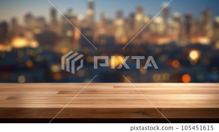 The empty wooden table top with blur background of cityscape. Exuberant. 105451615