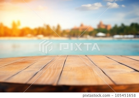 The empty wooden table top with blur background of Thailand beach. Exuberant. The empty wooden table top with blur background of Thailand beach. Exuberant. 105451658