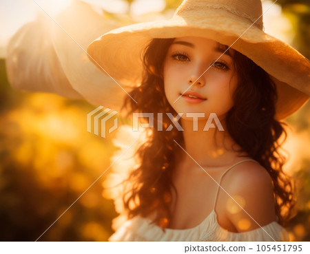 A woman wearing a straw hat illuminated by the setting sun AI image 105451795