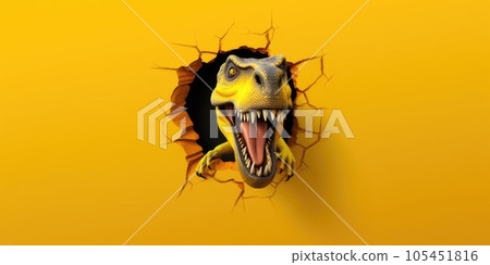Cute T-Rex peeking out of a hole in wall, torn hole, empty copy space frame, mockup. Generative AI weber. 105451816