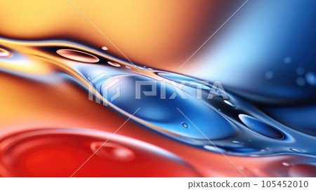 The close up of a glossy liquid surface abstract in red, yellow, and blue colors with a soft focus. Exuberant 3D illustration. 105452010
