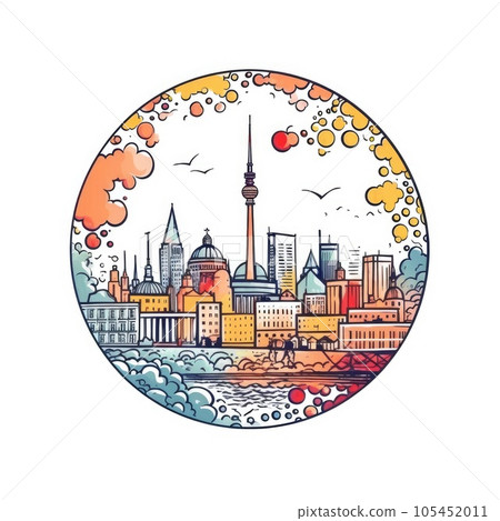 A circle shape frame with center space of Berlin city skyline in simple doodle color cartoon style. Generative AI AIG32 105452011