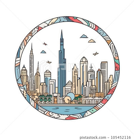 A circle shape frame with center space of Dubai city skyline in simple doodle color cartoon style. Generative AI AIG32 105452116