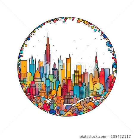 A circle shape frame with center space of Barcelona city skyline in simple doodle color cartoon style. Generative AI AIG32 A circle shape frame with center space of Barcelona city skyline in simple doodle color cartoon style. Generative AI AIG32 105452117