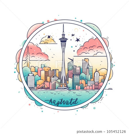 A circle shape frame with center space of Auckland city skyline in simple doodle color cartoon style. Generative AI AIG32 A circle shape frame with center space of Auckland city skyline in simple doodle color cartoon style. Generative AI AIG32 105452126