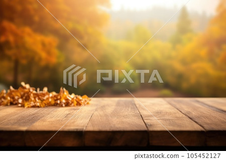 The empty wooden table top with blur background of autumn. Generative AI AIG30. The empty wooden table top with blur background of autumn. Generative AI AIG30. 105452127