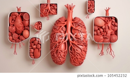 3D illustration of the human organ systems, Human internal organs. Anatomy. Nervous, circulatory, digestive, excretory, urinary,and bone systems. Medical education concept, Generative AI illustration 105452232