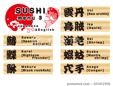 Sushi wooden plate menu set Japanese & English 3 105452956