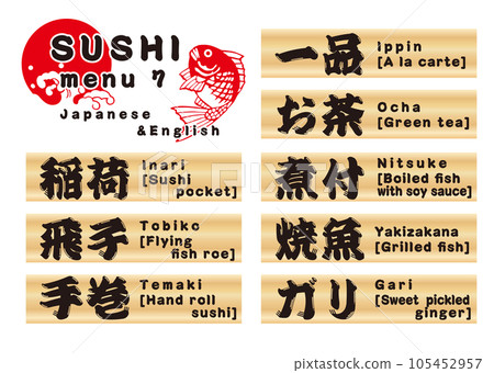 Sushi wooden plate menu set Japanese & English 7 105452957